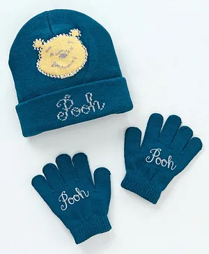 Babyhug Woollen Cap and Gloves Set With Pooh Print - Navy Blue