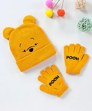 Babyhug Woollen Cap & Gloves Winnie The Pooh Design Yellow - Diameter 11 cm
