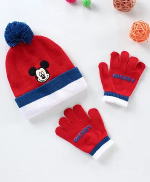 Babyhug Woollen Cap & Gloves With Mickey Mouse Patch - Red