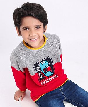 Babyhug Full Sleeves Pullover Colorblock Sweater Dino Print - Red Grey
