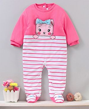 Babyhug Full Sleeves Romper With Bow Applique - Pink