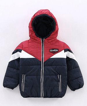 Babyhug Full Sleeves Hooded Padded Jacket Adventure Patch - Red Navy Blue