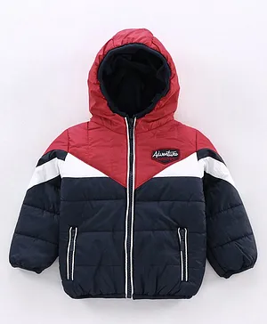 Babyhug Full Sleeves Hooded Padded Jacket Adventure Patch - Red Navy Blue