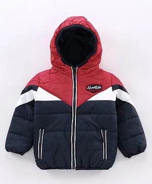 Babyhug Full Sleeves Hooded Padded Jacket Adventure Patch - Red Navy Blue