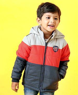 Babyhug Full Sleeves Hooded Padded Jacket - Red Grey