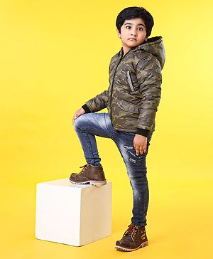 Babyhug Camo Print Full Sleeves Jacket With Hood - Green