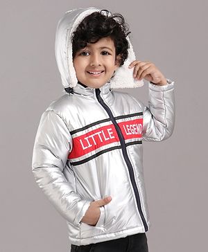 Babyhug Full Sleeves Hooded Metallic Jacket Little Legend Embroidery - Silver
