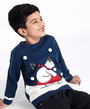 Babyhug Full Sleeves Pullover Sweater Bear Print - Navy