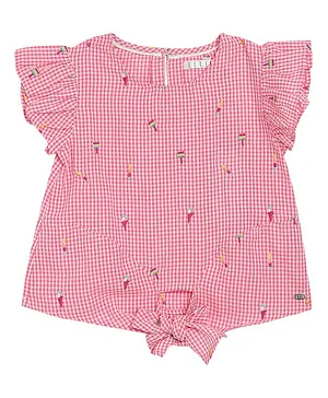 Elle Kids Checkered Cap Sleeves Embroidery Detailing Top - Pink