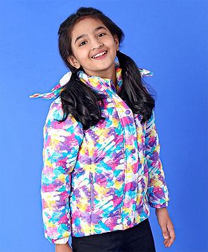 Pine Kids Full Sleeves Polyfill Hooded Jacket Abstract Print - Off White Purple