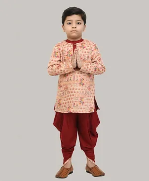 Muffin Shuffin Floral Print Full Sleeves Kurta With Dhoti - Light Peach