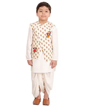 Muffin Shuffin Full Sleeves Kurta With Dhoti & Flower Print Waistcoat - White