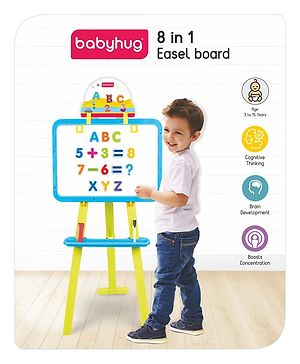 Babyhug 8-in-1 Adjustable Easel Board - Magnetic Whiteboard & Chalkboard with Alpha & Numeric | Hight Adjustable | Educational Toy | Enhances Learning & Creativity | Blue & Green |BIS Certified