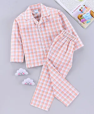 Right Slip Full Sleeves Checked Night Suit - Peach