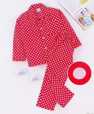 Right Sleep Full Sleeves Polka Dotted Night Suit - Red