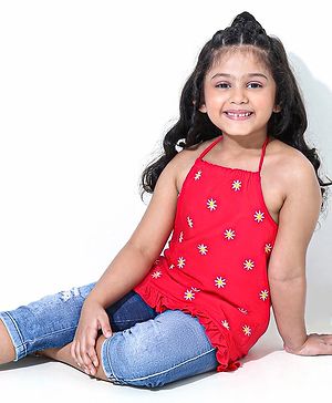 Babyhug Singlet Sleeves Top Floral Embroidered - Red