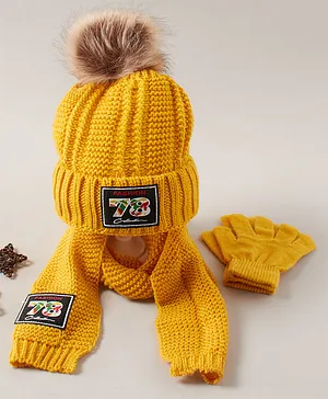 Babyhug Woven Cap with Pom Pom and Gloves Muffler Set - Yellow