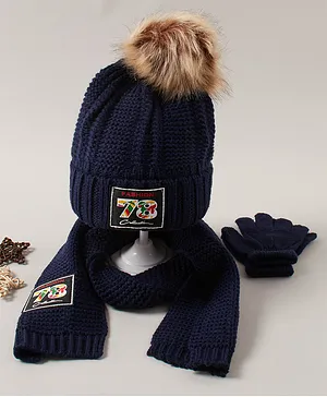 Babyhug Woven Cap with Pom Pom and Gloves Muffler Set - Blue