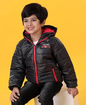 Babyhug Full Sleeves Quilted Hooded Jacket Solid with Badges - Black