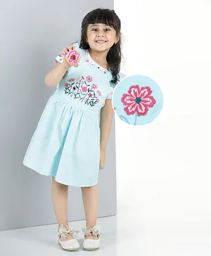 Hola Bonita Frock With Short Sleeves Inner Tee Floral Embroidery - Sky Blue White