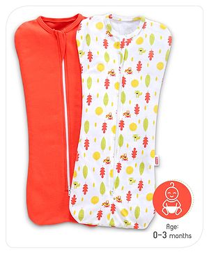 Babyhug Cotton Zipper Swaddle Racoon Print Pack of 2 - Red White