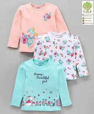 Babyoye Cotton Full Sleeves Eco Jiva Tops Floral Print Pack of 3 - Blue White Pink