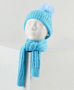 Babyhug Woollen Cap with Muffler & Mittens Blue - Diameter 9 cm