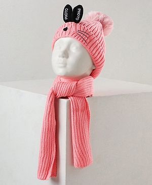 Babyhug Woollen Cap with Scarf Peach - Diameter 11 cm