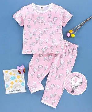 ToffyHouse Half Sleeves Front Open Night Suit Hot Air Balloon Print - Pink