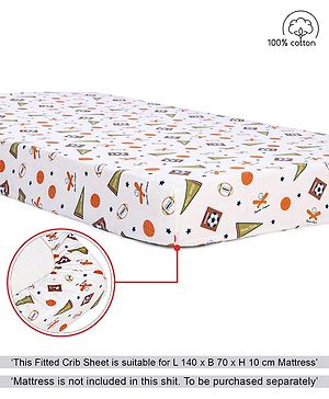 Babyhug Premium 100% Cotton Fitted Crib Sheet Sports Print Large - White| Gentle on Babies Skin| Cozy Sleeping Environment| Versatile Use| 100% Cotton| Elastic Borders| Machine Washable - L 140 x B 70 cm White