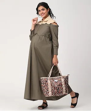 CHARISMOMIC Split Yoke Zip In Full Sleeves Maternity & Nursing Dress - Green