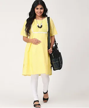 CHARISMOMIC Pintuck Half Sleeves All Over Polka Dotted Maternity Top - Yellow