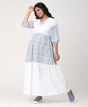 CHARISMOMIC Full Sleeves Maternity Button Down Printed Dress - Blue