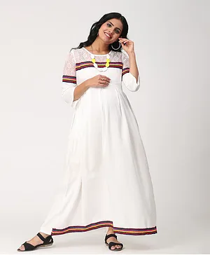 CHARISMOMIC Lace Yoke Full Sleeves Maternity Maxi Dress - White