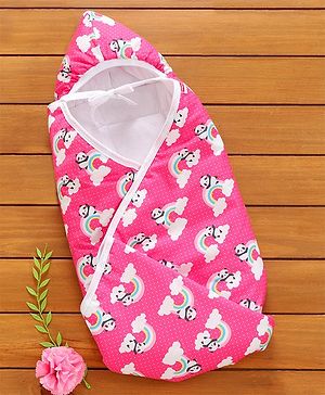 Babyhug 100% Cotton Hooded Quilted Wrapper Panda Print - Pink - L 73 x B 73 cm Pink