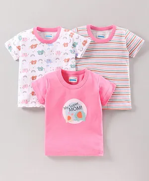 Bumzee Striped & Baby Elephant Printed Half Sleeves Pack Of 3 Tee - Pink