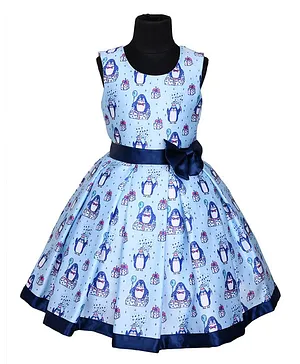 Indian Tutu Sleeveless Penguin Print Dress - Blue