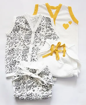 Yellow Doodle Vest and stay-dry Nappy Set - Set of 4- White Black
