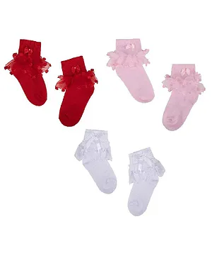 NEXT2SKIN Pair Of 3 Solid Frill Socks - Red White Pink