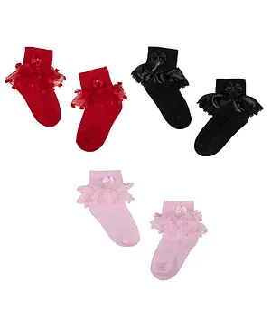 NEXT2SKIN Pair Of 3 Solid Frill Socks - Red Black Pink
