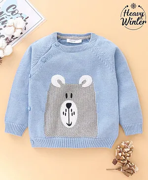 Babyoye Full Sleeves Pull Over Sweater Bear Embroidery - Blue