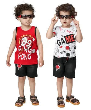 Kooka Kids Short Sleeves Text Print Pack Of 2 Tee With Pack Of 2 Shorts - Red