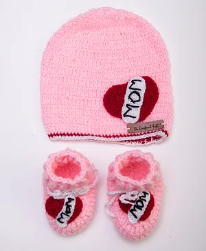 The Original Knit Handmade Mom & Heart Design Cap With Booties - Pink