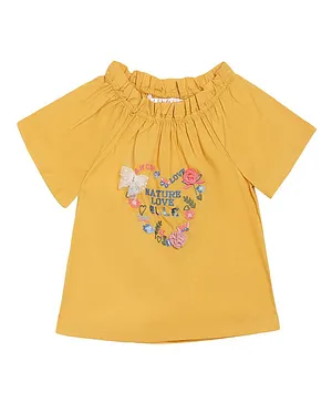 Elle Kids Half Sleeves Floral Embroidered Top - Yellow