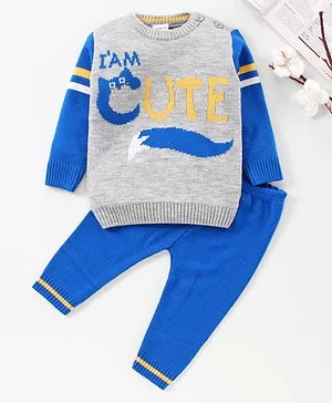 Babyhug Full Sleeves Sweater With Pant Set - Blue