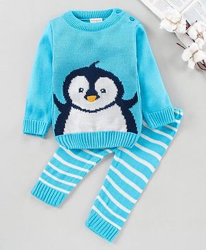 Babyhug Full Sleeves Pull Over Sweater With Pant Penguin Design - Blue