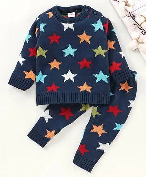 Babyhug Full Sleeves Sweater Set Star Print - Blue
