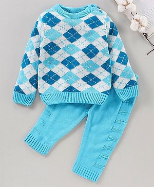 Babyhug Full Sleeves Intarsia Knitted Sweater Set - Blue