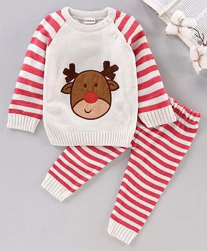 Babyhug Full Sleeves Stripe Sweater & Bottom Reindeer Embroidery - White Red