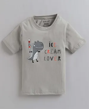 Polka Tots Half Sleeves Dinosaur Print 100% Cotton Germ Free Fabric Tee - Grey